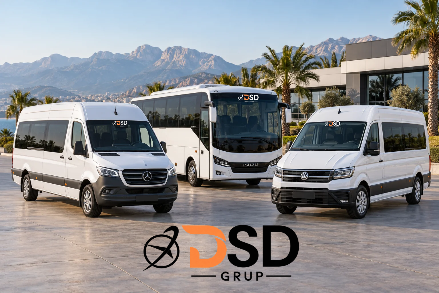 Kaputlarında DSD Grup logosu bulunan Mercedes-Benz Sprinter, Isuzu Novo Lux ve Volkswagen Crafter filosu